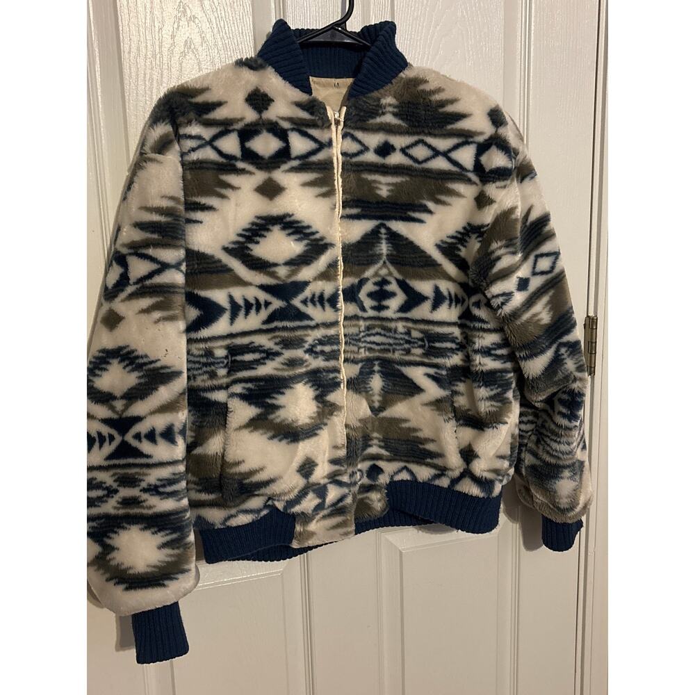Vtg Men's Donny Brooke Aztec Print Faux Fur Plush Bomber Jacket Size Men’s Large
